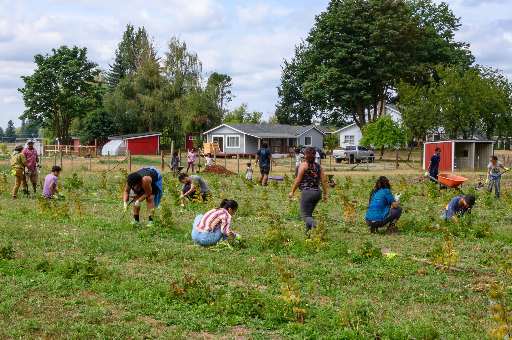 Group of people working out in a field at Ayeko Farm